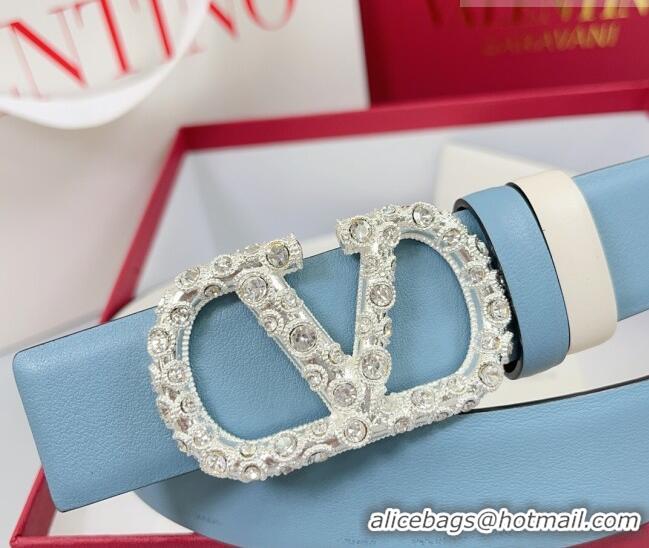 Luxury Cheap Valentino VLogo Calfskin Leather Belt 3cm with Strass Buckle 0108 Light Blue 2025