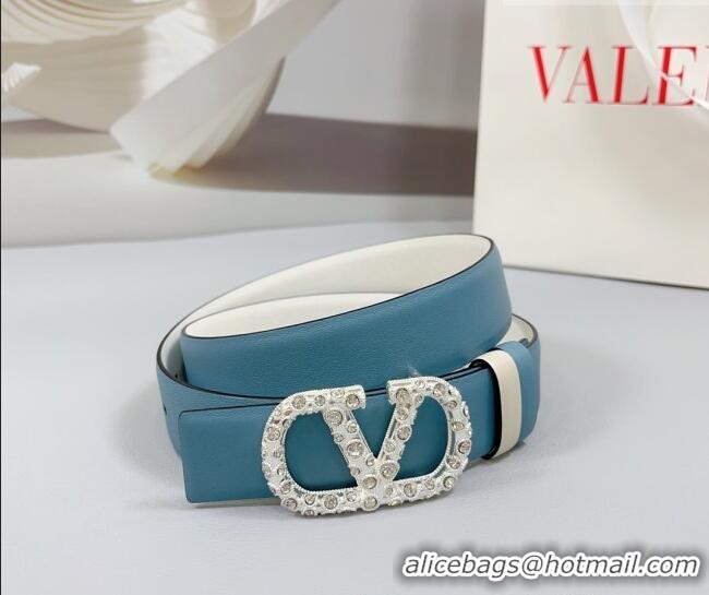 Luxury Cheap Valentino VLogo Calfskin Leather Belt 3cm with Strass Buckle 0108 Light Blue 2025