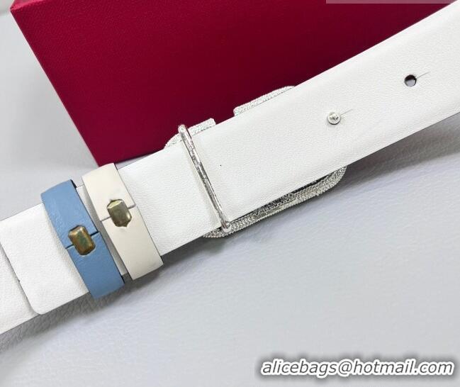 Luxury Cheap Valentino VLogo Calfskin Leather Belt 3cm with Strass Buckle 0108 Light Blue 2025
