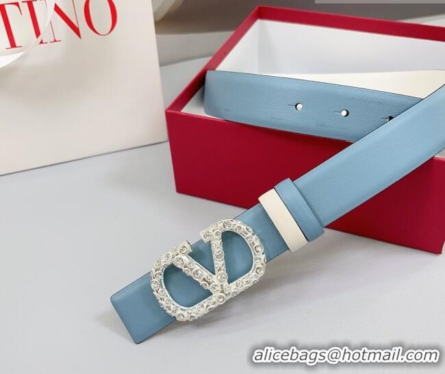 Luxury Cheap Valentino VLogo Calfskin Leather Belt 3cm with Strass Buckle 0108 Light Blue 2025