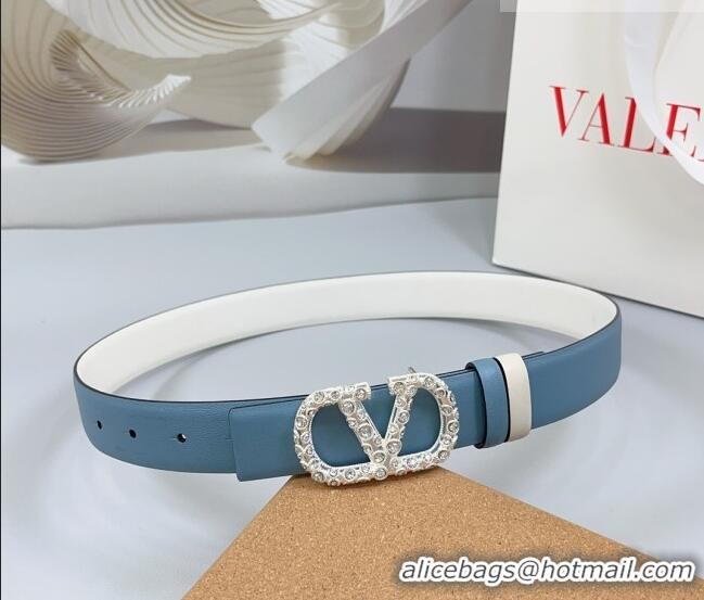 Luxury Cheap Valentino VLogo Calfskin Leather Belt 3cm with Strass Buckle 0108 Light Blue 2025