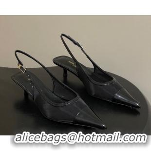 Stylish Saint Laurent Mesh and Patent Leather Slingback Pumps 4cm with Buckle Black 2026 SL082501