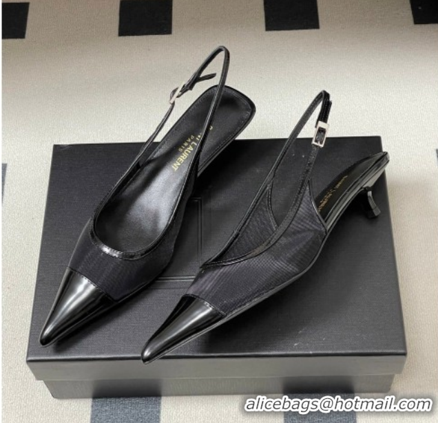Stylish Saint Laurent Mesh and Patent Leather Slingback Pumps 4cm with Buckle Black 2026 SL082501