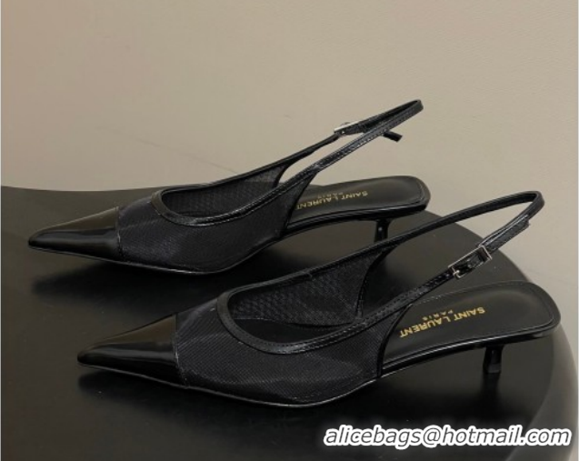 Stylish Saint Laurent Mesh and Patent Leather Slingback Pumps 4cm with Buckle Black 2026 SL082501