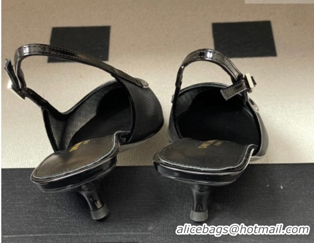 Stylish Saint Laurent Mesh and Patent Leather Slingback Pumps 4cm with Buckle Black 2026 SL082501