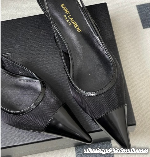 Stylish Saint Laurent Mesh and Patent Leather Slingback Pumps 4cm with Buckle Black 2026 SL082501