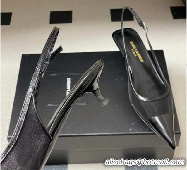 Stylish Saint Laurent Mesh and Patent Leather Slingback Pumps 4cm with Buckle Black 2026 SL082501