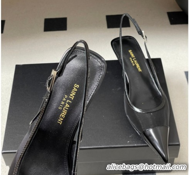 Stylish Saint Laurent Mesh and Patent Leather Slingback Pumps 4cm with Buckle Black 2026 SL082501
