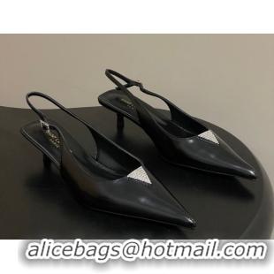 Unique Style Saint Laurent Shiny Leather Slingback Pumps 4cm with Buckle and Strass Black 2026 SL082501