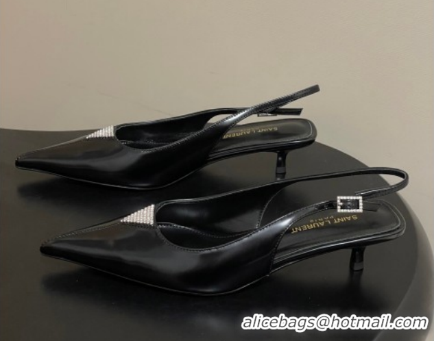 Unique Style Saint Laurent Shiny Leather Slingback Pumps 4cm with Buckle and Strass Black 2026 SL082501
