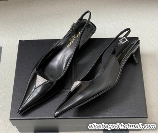 Unique Style Saint Laurent Shiny Leather Slingback Pumps 4cm with Buckle and Strass Black 2026 SL082501
