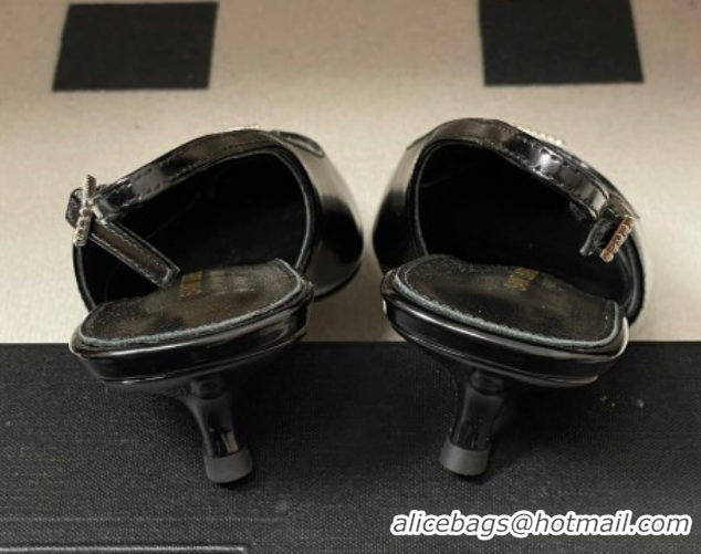Unique Style Saint Laurent Shiny Leather Slingback Pumps 4cm with Buckle and Strass Black 2026 SL082501