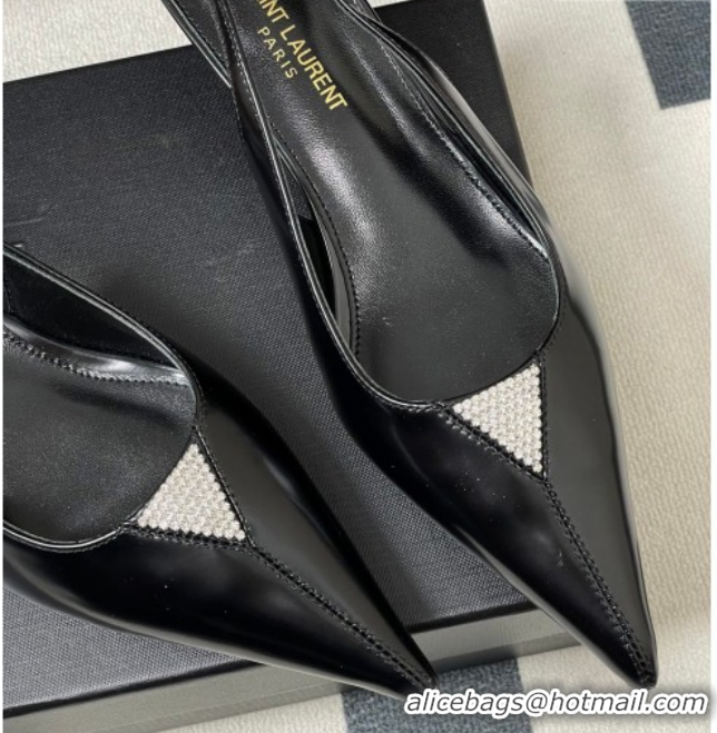 Unique Style Saint Laurent Shiny Leather Slingback Pumps 4cm with Buckle and Strass Black 2026 SL082501