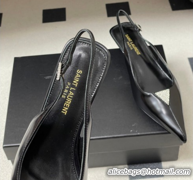 Unique Style Saint Laurent Shiny Leather Slingback Pumps 4cm with Buckle and Strass Black 2026 SL082501