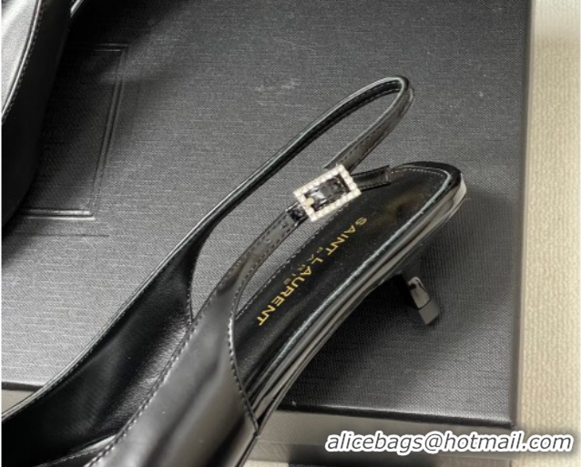 Unique Style Saint Laurent Shiny Leather Slingback Pumps 4cm with Buckle and Strass Black 2026 SL082501