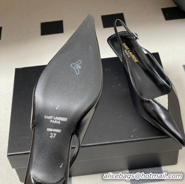 Unique Style Saint Laurent Shiny Leather Slingback Pumps 4cm with Buckle and Strass Black 2026 SL082501