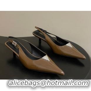 Good Quality Saint Laurent Shiny Leather Slingback Pumps 4cm with Buckle and Strass Khaki 2026 SL082501