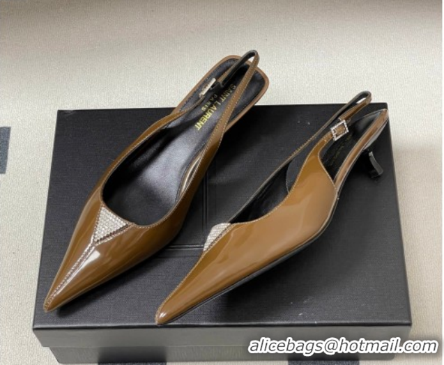 Good Quality Saint Laurent Shiny Leather Slingback Pumps 4cm with Buckle and Strass Khaki 2026 SL082501