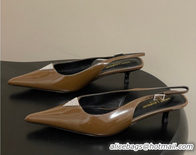 Good Quality Saint Laurent Shiny Leather Slingback Pumps 4cm with Buckle and Strass Khaki 2026 SL082501