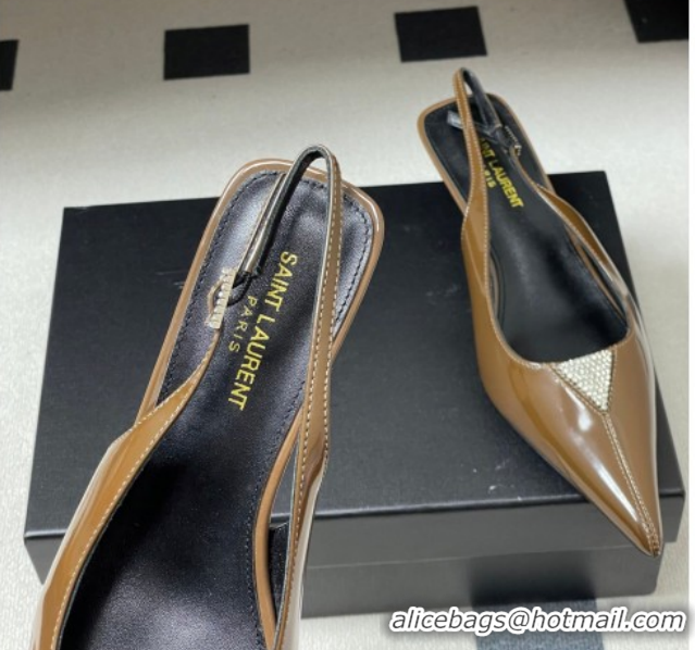 Good Quality Saint Laurent Shiny Leather Slingback Pumps 4cm with Buckle and Strass Khaki 2026 SL082501
