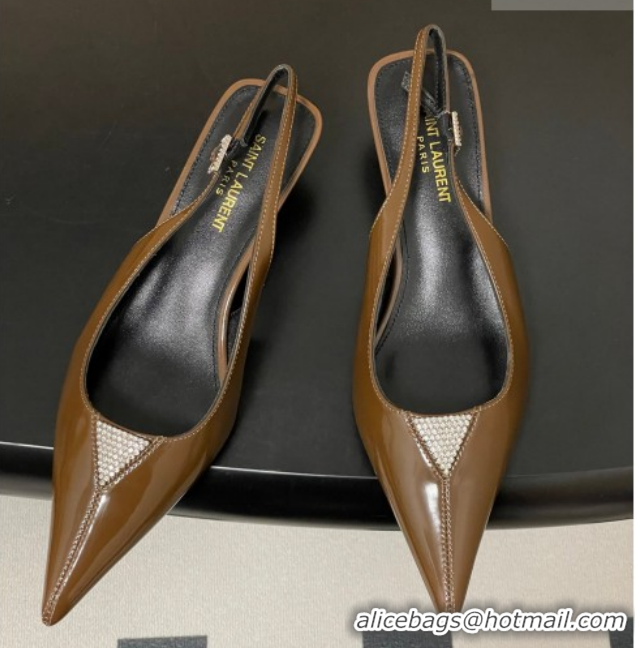 Good Quality Saint Laurent Shiny Leather Slingback Pumps 4cm with Buckle and Strass Khaki 2026 SL082501