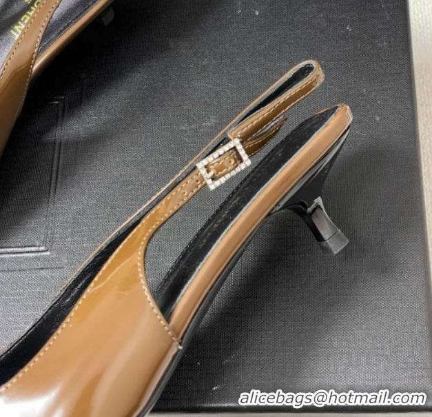 Good Quality Saint Laurent Shiny Leather Slingback Pumps 4cm with Buckle and Strass Khaki 2026 SL082501