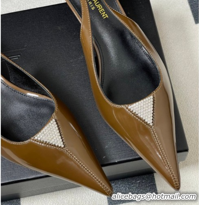 Good Quality Saint Laurent Shiny Leather Slingback Pumps 4cm with Buckle and Strass Khaki 2026 SL082501
