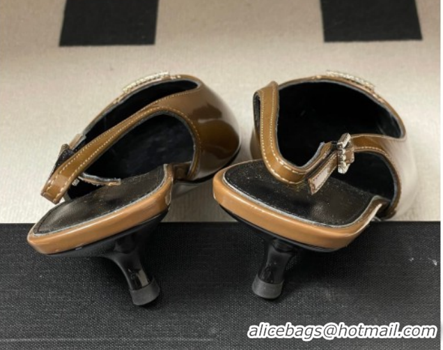 Good Quality Saint Laurent Shiny Leather Slingback Pumps 4cm with Buckle and Strass Khaki 2026 SL082501