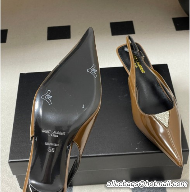 Good Quality Saint Laurent Shiny Leather Slingback Pumps 4cm with Buckle and Strass Khaki 2026 SL082501