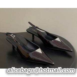 Best Grade Saint Laurent Shiny Leather Slingback Pumps 4cm with Buckle and Strass Burgundy 2026 SL082501