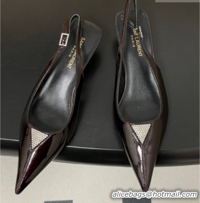 Best Grade Saint Laurent Shiny Leather Slingback Pumps 4cm with Buckle and Strass Burgundy 2026 SL082501