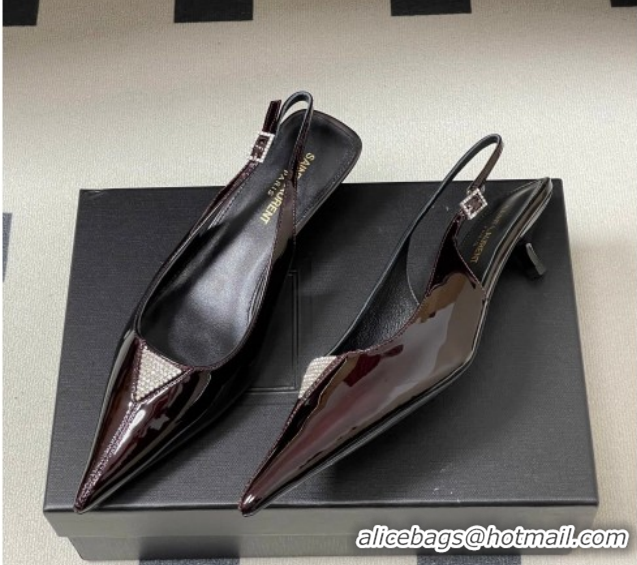 Best Grade Saint Laurent Shiny Leather Slingback Pumps 4cm with Buckle and Strass Burgundy 2026 SL082501