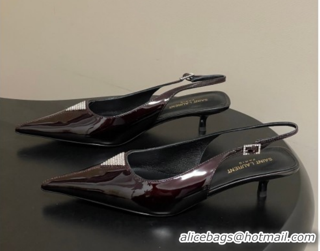 Best Grade Saint Laurent Shiny Leather Slingback Pumps 4cm with Buckle and Strass Burgundy 2026 SL082501