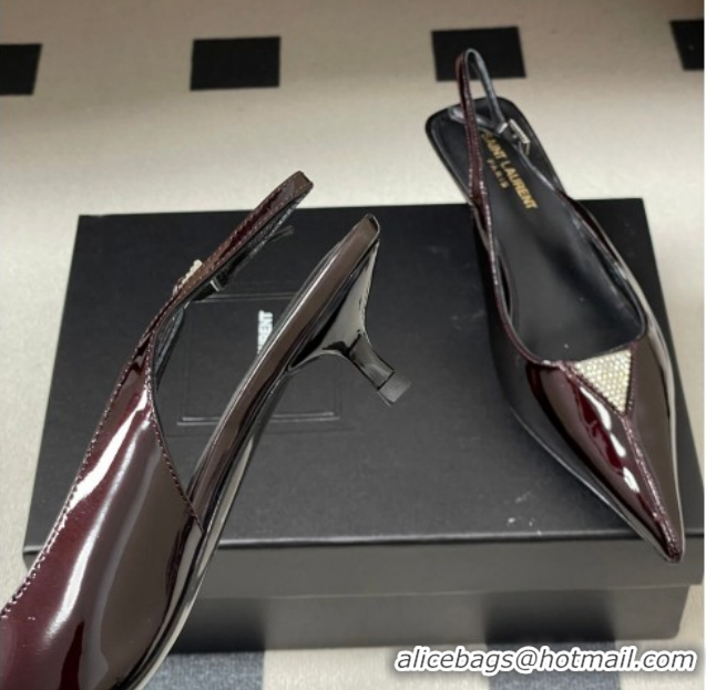 Best Grade Saint Laurent Shiny Leather Slingback Pumps 4cm with Buckle and Strass Burgundy 2026 SL082501