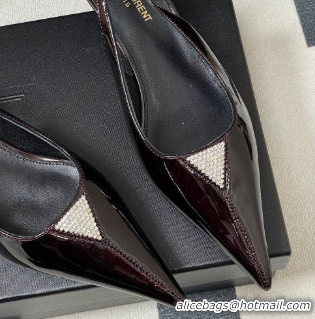 Best Grade Saint Laurent Shiny Leather Slingback Pumps 4cm with Buckle and Strass Burgundy 2026 SL082501