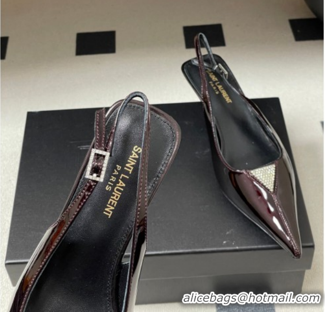 Best Grade Saint Laurent Shiny Leather Slingback Pumps 4cm with Buckle and Strass Burgundy 2026 SL082501