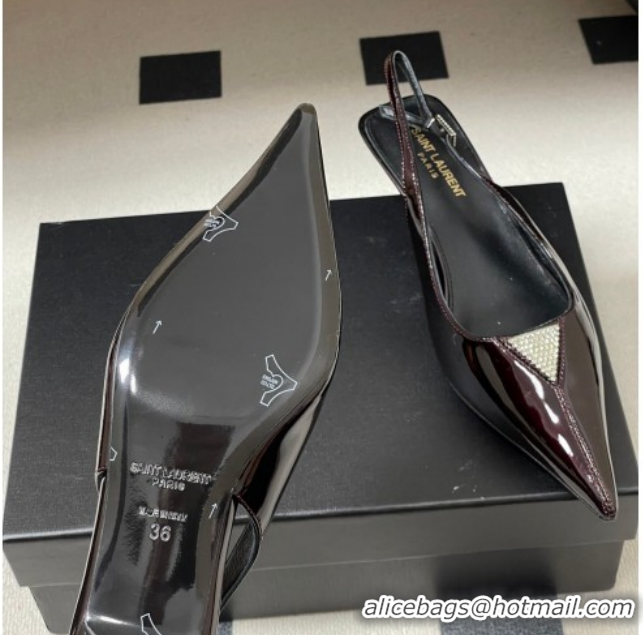 Best Grade Saint Laurent Shiny Leather Slingback Pumps 4cm with Buckle and Strass Burgundy 2026 SL082501