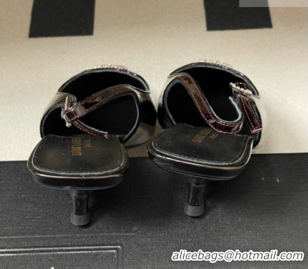 Best Grade Saint Laurent Shiny Leather Slingback Pumps 4cm with Buckle and Strass Burgundy 2026 SL082501