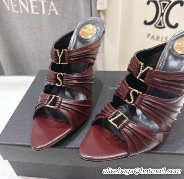 Low Price Saint Laurent Emilie Heel Slides Sandal 10cm in Oil Leather Burgundy 2026 SL022401