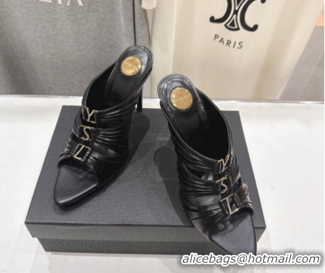 Popular Style Saint Laurent Emilie Heel Slides Sandal 10cm in Oil Leather Black 2026 SL022401