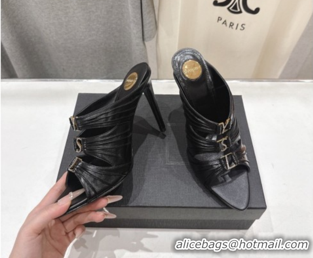 Popular Style Saint Laurent Emilie Heel Slides Sandal 10cm in Oil Leather Black 2026 SL022401