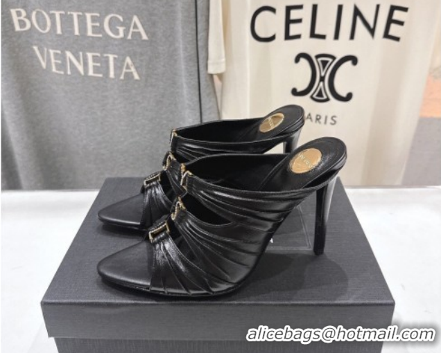 Popular Style Saint Laurent Emilie Heel Slides Sandal 10cm in Oil Leather Black 2026 SL022401