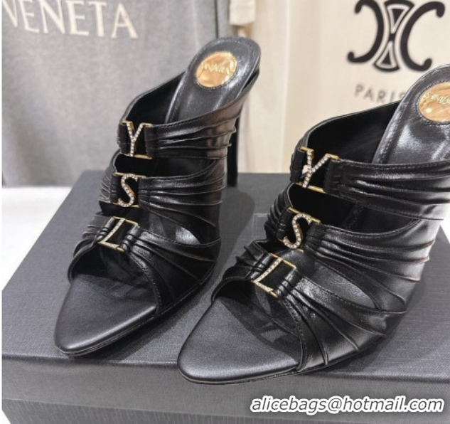 Popular Style Saint Laurent Emilie Heel Slides Sandal 10cm in Oil Leather Black 2026 SL022401