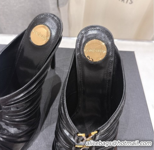 Popular Style Saint Laurent Emilie Heel Slides Sandal 10cm in Oil Leather Black 2026 SL022401