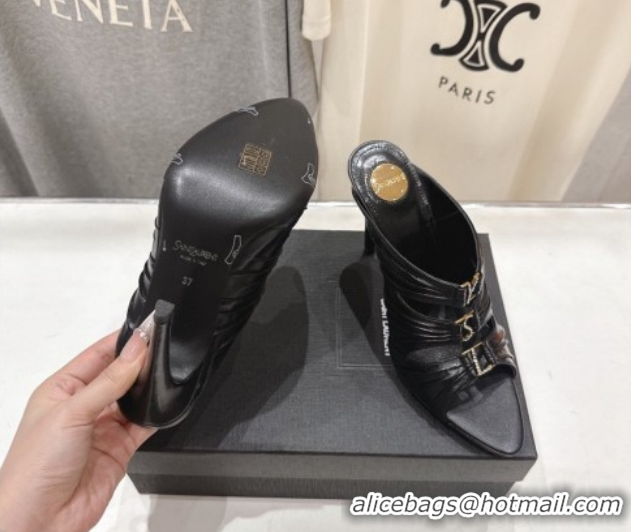 Popular Style Saint Laurent Emilie Heel Slides Sandal 10cm in Oil Leather Black 2026 SL022401