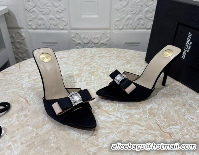 Most Popular Saint Laurent Satin Heel Slides Sandal 10.5cm with Bow Black 2026 SL022402