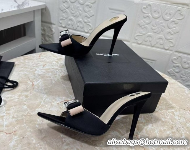 Most Popular Saint Laurent Satin Heel Slides Sandal 10.5cm with Bow Black 2026 SL022402