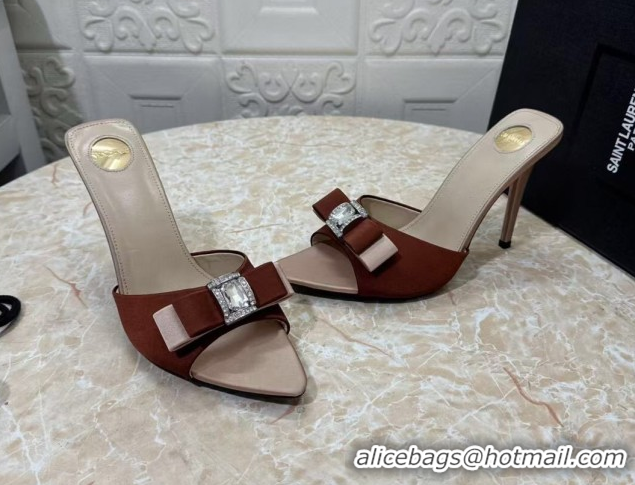 Best Product Saint Laurent Satin Heel Slides Sandal 10.5cm with Bow Brown 2026 SL022402