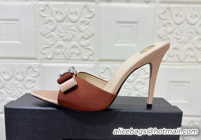 Best Product Saint Laurent Satin Heel Slides Sandal 10.5cm with Bow Brown 2026 SL022402