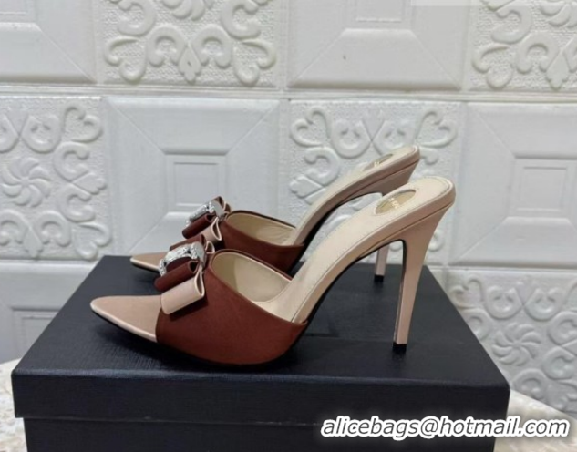 Best Product Saint Laurent Satin Heel Slides Sandal 10.5cm with Bow Brown 2026 SL022402